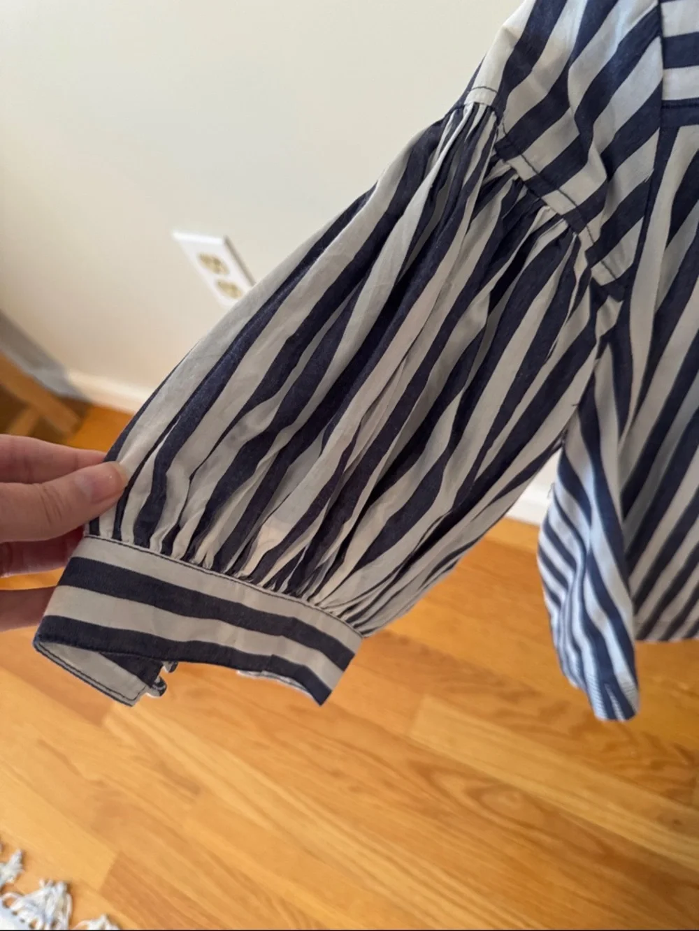 Anthropologie Navy and White Striped Puff Sleeve Blouse